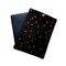 A pouch with a snap closure to protect Kindle e-readers made with black with gold metallic stars fabric.